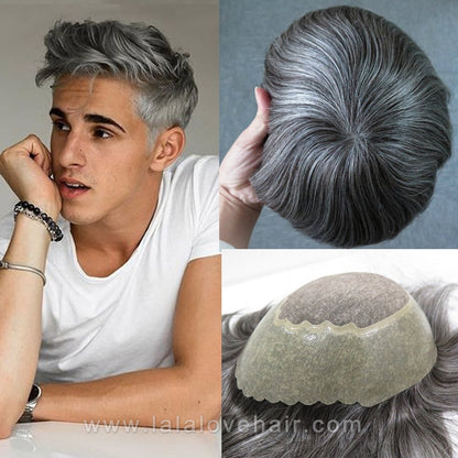 Men's Hair Piece Toupee Human hair replacement wig Colour 1B Natural Black and White Grey hair system toupees for black men