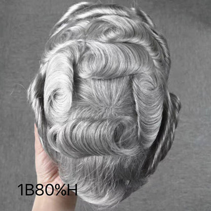 8*10" BOND #1B White Hair Men Toupee Human Hair Mix Grey Hair Replacement System Hair Salon