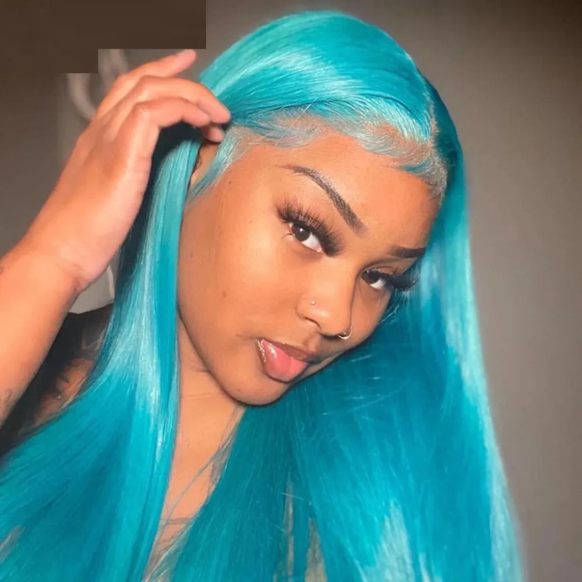 13x4 Lace Wigs Natural Sky Blue Color 10-30" Long Silky Straight Hair 180% Density Preplucked