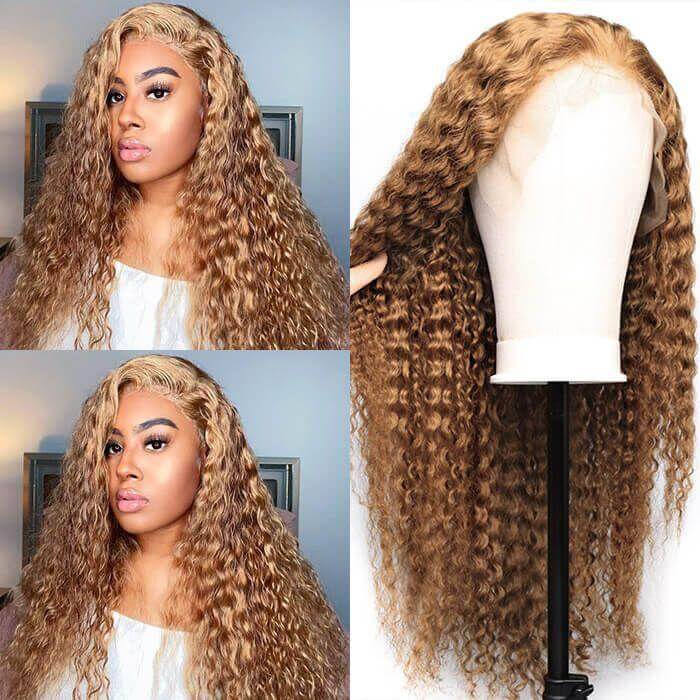 13x4 Frontal / 4x4 Lace Closure Wig Honey Blond #27 Color Jerry Curly Lace Wig