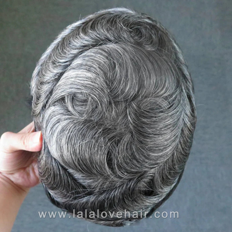 8*10" BOND #1B White Hair Men Toupee Human Hair Mix Grey Hair Replacement System Hair Salon