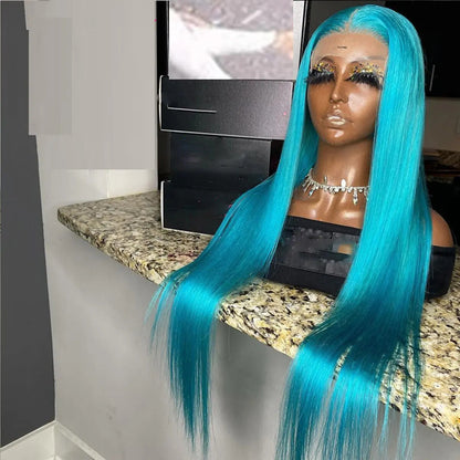 13x4 Lace Wigs Natural Sky Blue Color 10-30" Long Silky Straight Hair 180% Density Preplucked