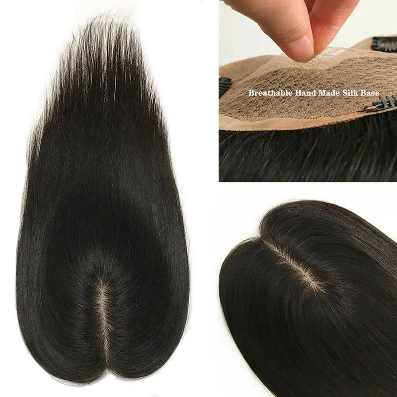 9x14cm Hand Tied Natural Scalp Top Base Silk Base Women Topper 3 Clips Virgin Straight European Human Hair Pieces For Women