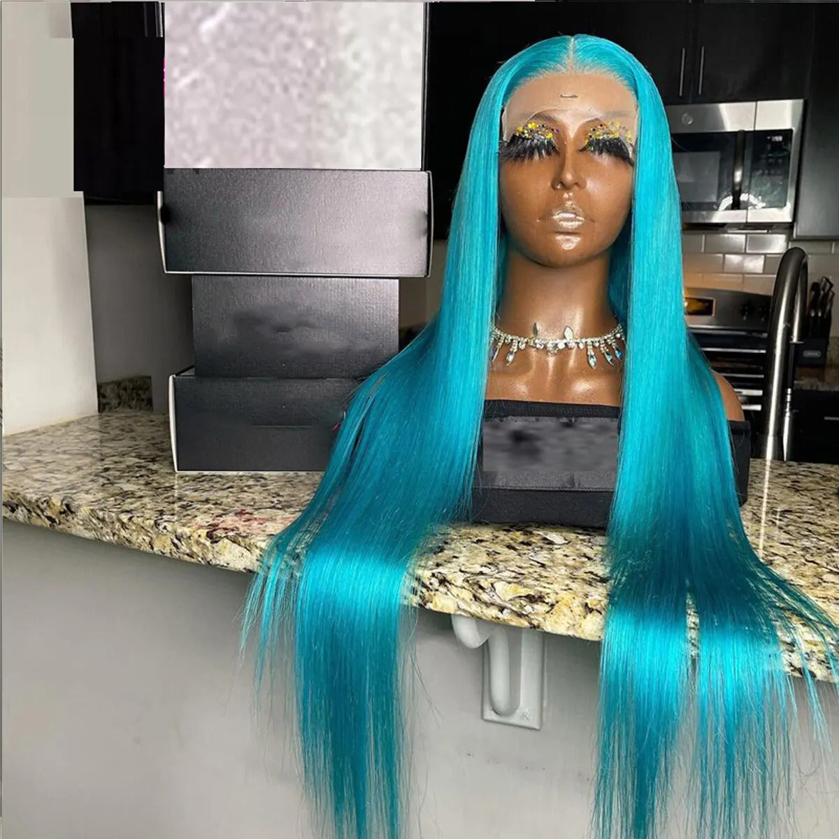 13x4 Lace Wigs Natural Sky Blue Color 10-30" Long Silky Straight Hair 180% Density Preplucked