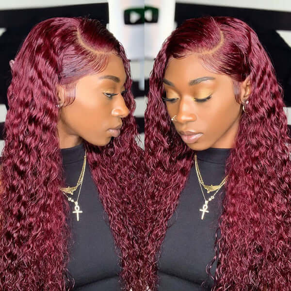 13x4 Frontal / 4x4 Lace Closure Wig Burgundy 99J Color Water Wave Lace Wig